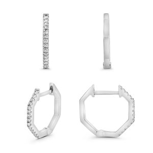 14k White Gold Hexagon Diamond Hoops