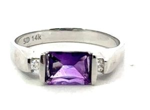 14k White Gold Amethyst and Diamond Ring