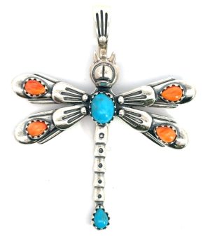Sterling Silver Dragonfly coral turquoise pendant brooch