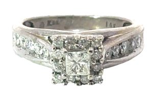 14k White Princess Cut Halo Ring