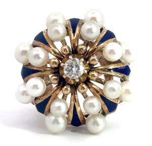 Vintage Blue Enamel Diamond Pearl Ring