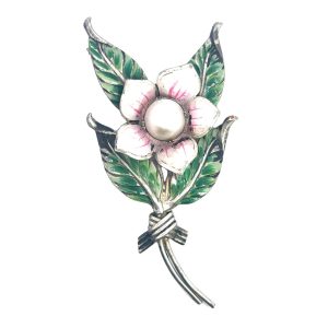 Sterling Enamel Pearl Flower Brooch
