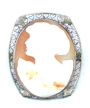 10K White Cameo Filigree Brooch