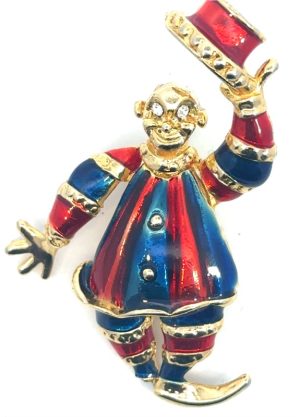 BM Blue/Red Clown brooch with Rhinestone Eyes