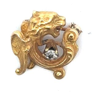 14k Yellow Victorian Gargoyle Diamond Brooch