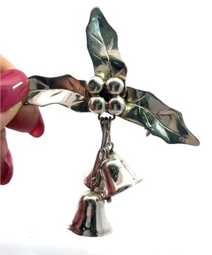 Sterling Silver "Taxco" Holly Berry Jingle Bells Brooch