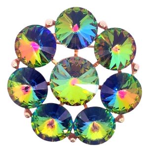 Weiss Signed Watermelon Rivoli Rhinestone Brooch gold tone. Mid century "Aurora Borealis" Circa 1958-1963.