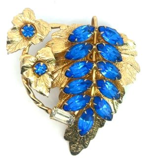 Blue Rhinestone Floral Brooch Circa 1950-1960s