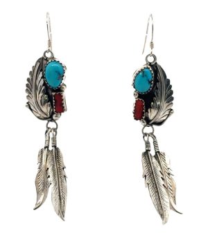 Native American Coral and Turquoise Feather Earrings